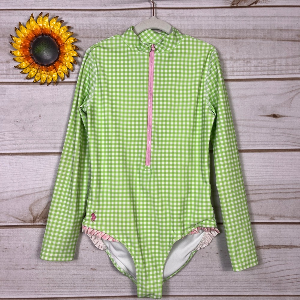 Polo Ralph Lauren Kids Green Gingham Long Sleeve Rash Guard Swimsuit Zip M 8-10
